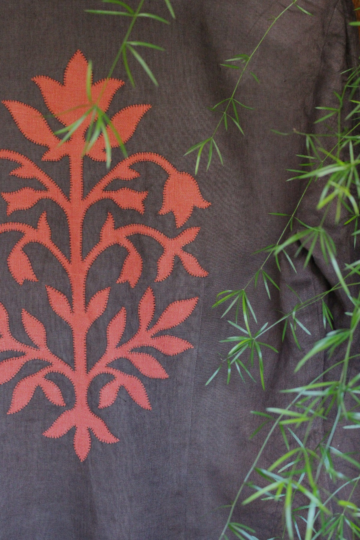 Reworked Brown Linen Blouse — Floral Folk Appliqué, UK 12