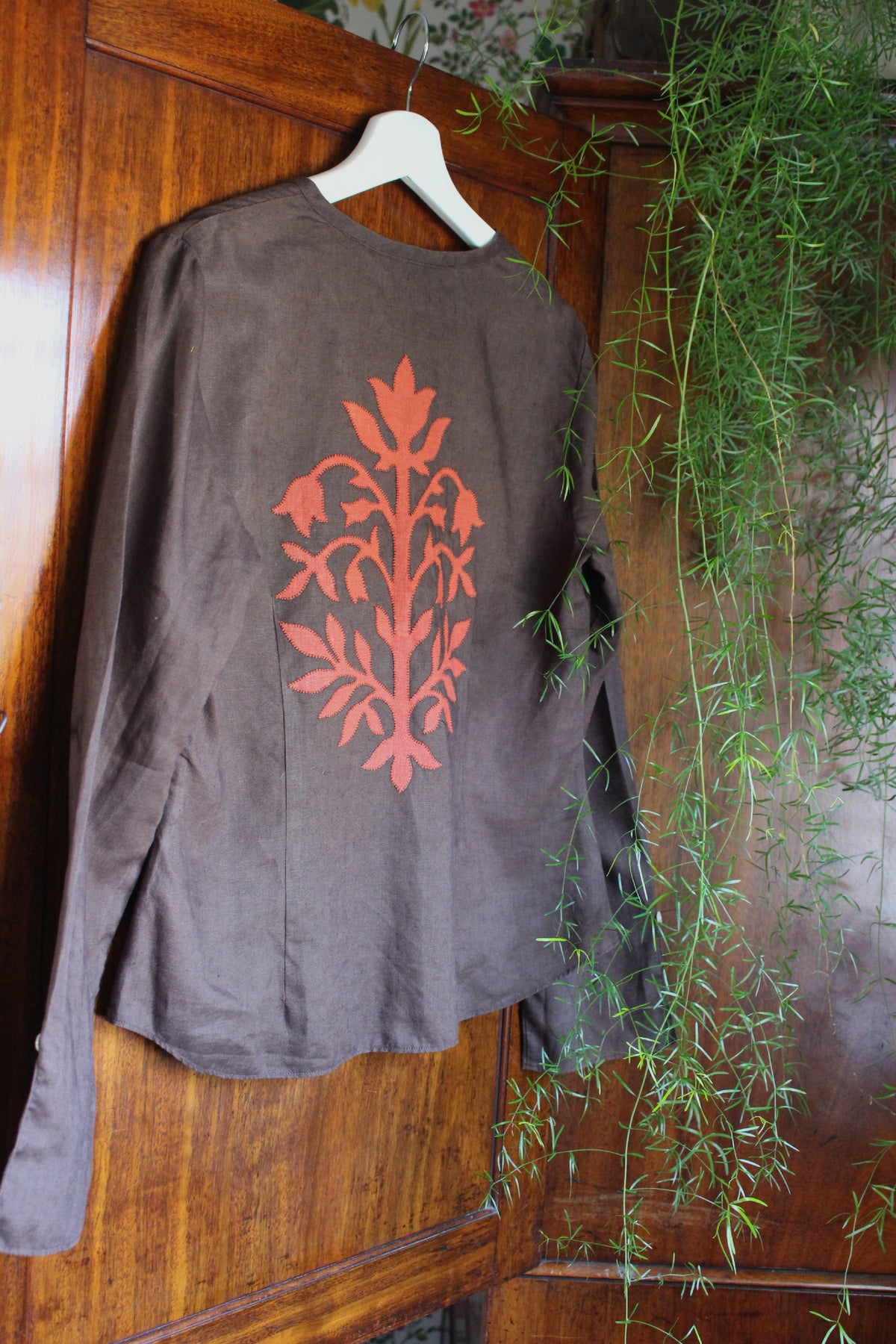 Reworked Brown Linen Blouse — Floral Folk Appliqué, UK 12