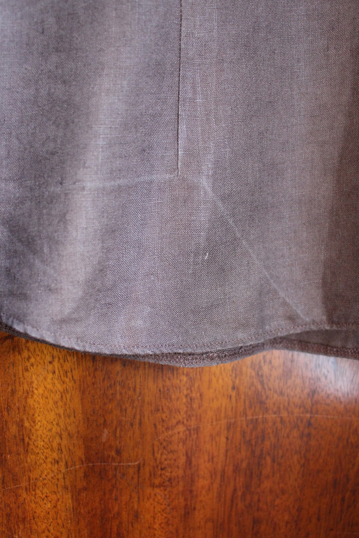Reworked Brown Linen Blouse — Floral Folk Appliqué, UK 12