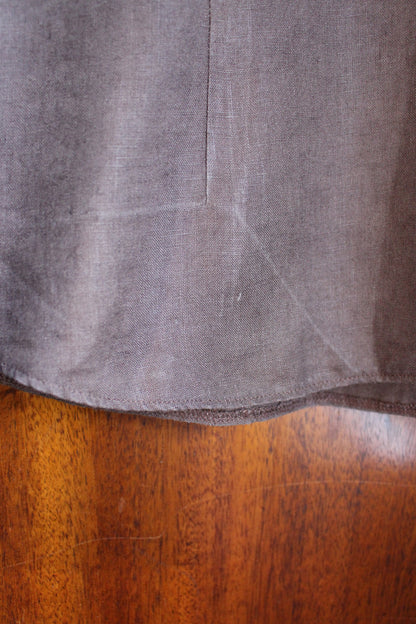 Reworked Brown Linen Blouse — Floral Folk Appliqué, UK 12