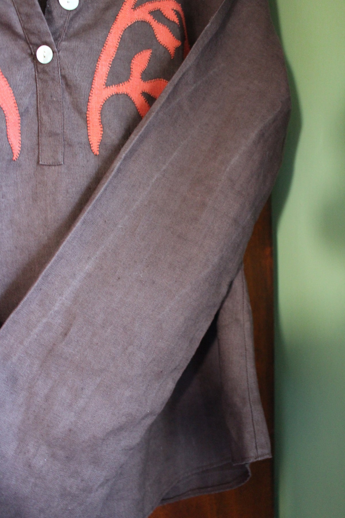 Reworked Brown Linen Blouse — Floral Folk Appliqué, UK 12