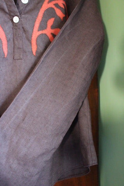 Reworked Brown Linen Blouse — Floral Folk Appliqué, UK 12