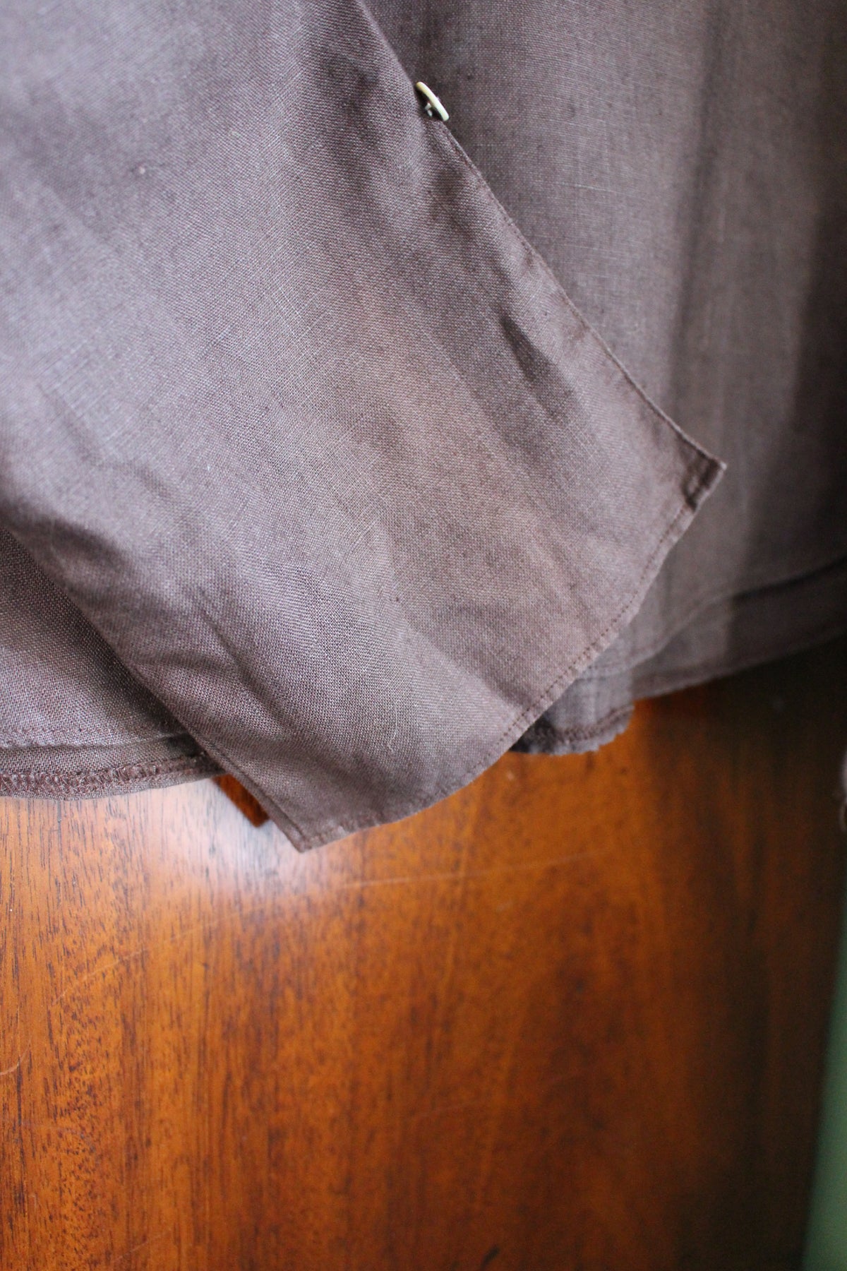 Reworked Brown Linen Blouse — Floral Folk Appliqué, UK 12