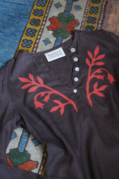 Reworked Brown Linen Blouse — Floral Folk Appliqué, UK 12