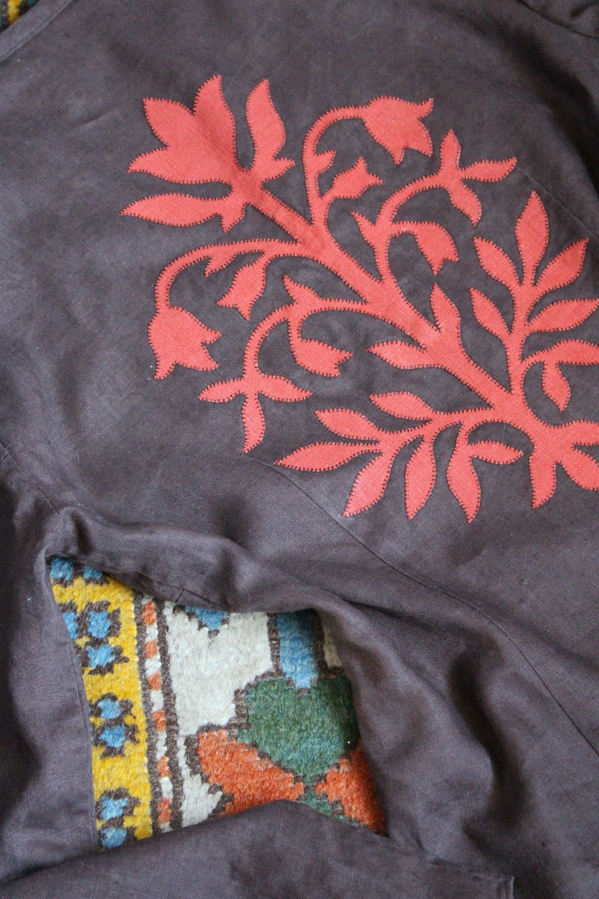 Reworked Brown Linen Blouse — Floral Folk Appliqué, UK 12