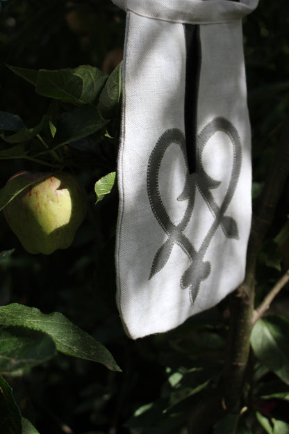 Handmade, Chalk White Linen Tie on Pocket - Grey Celtic Heart Appliqué