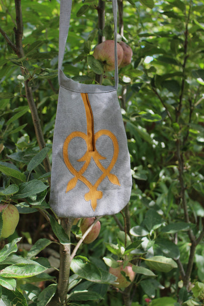 Handmade, Granite Grey Linen Tie on Pocket - Golden Celtic Heart Appliqué