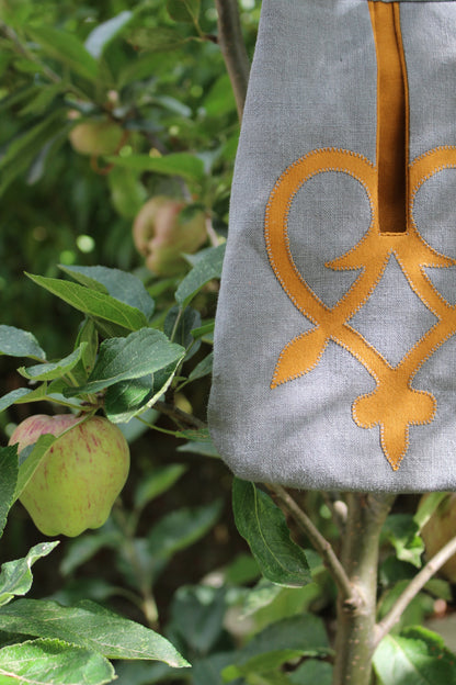 Handmade, Granite Grey Linen Tie on Pocket - Golden Celtic Heart Appliqué