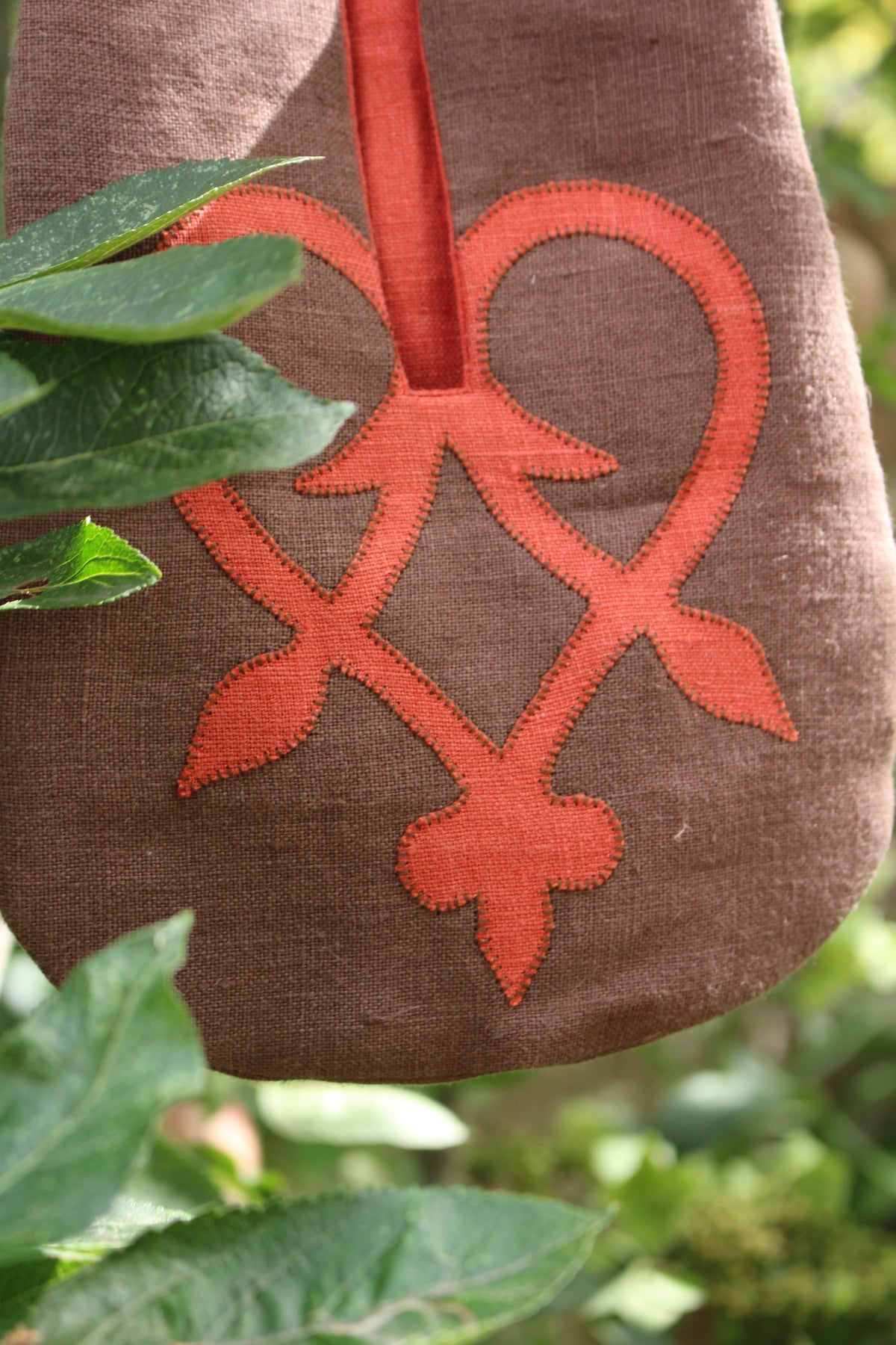 Handmade, Brown Linen Tie on Pocket - Coral Celtic Heart Appliqué
