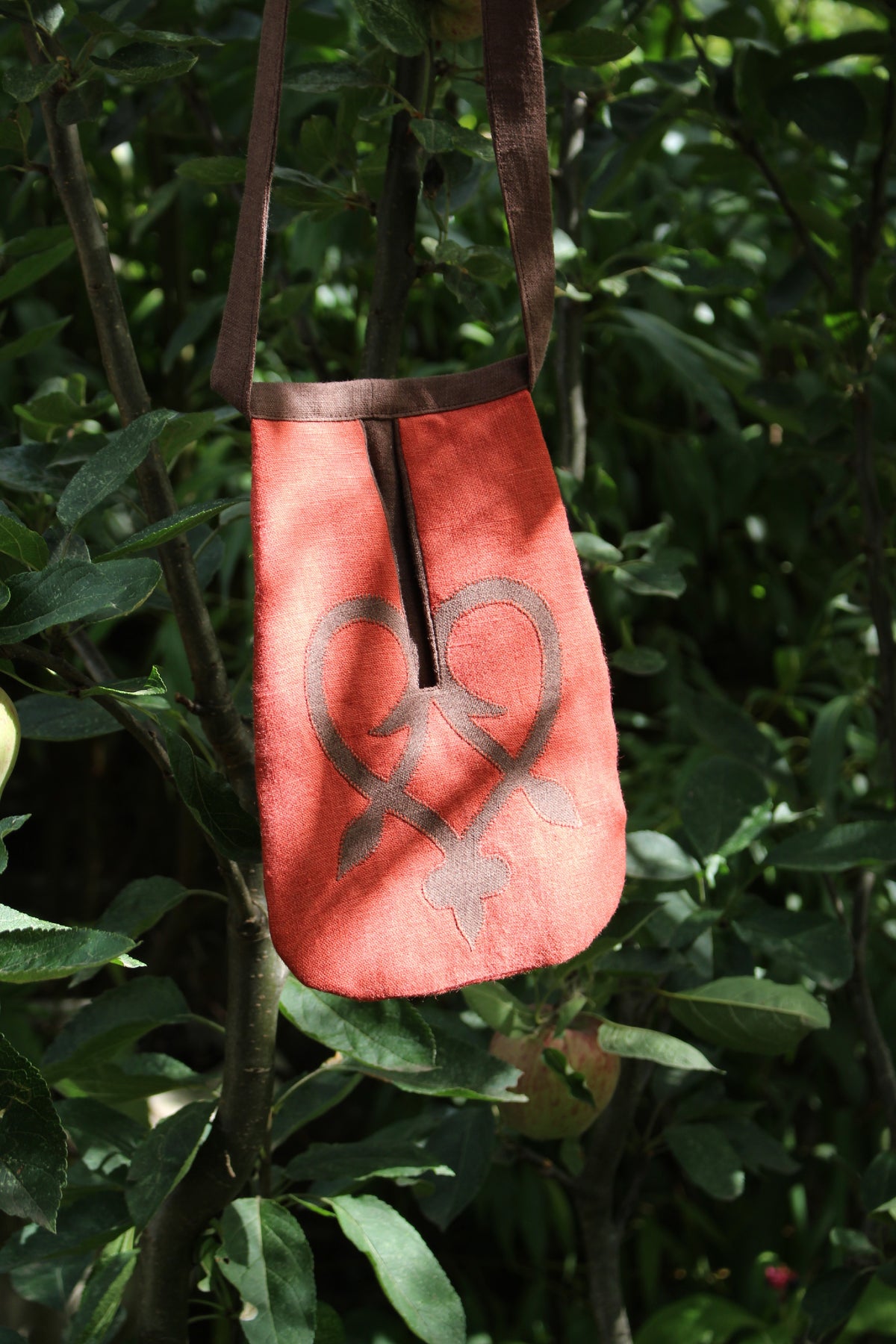 Handmade, Warm Coral Linen Tie on Pocket - Brown Celtic Heart Appliqué