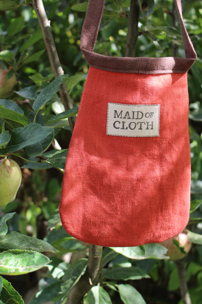 Handmade, Warm Coral Linen Tie on Pocket - Brown Celtic Heart Appliqué