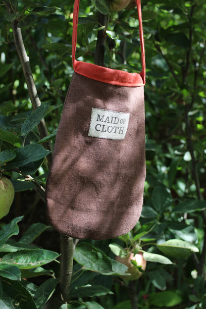 Handmade, Brown Linen Tie on Pocket - Coral Celtic Heart Appliqué