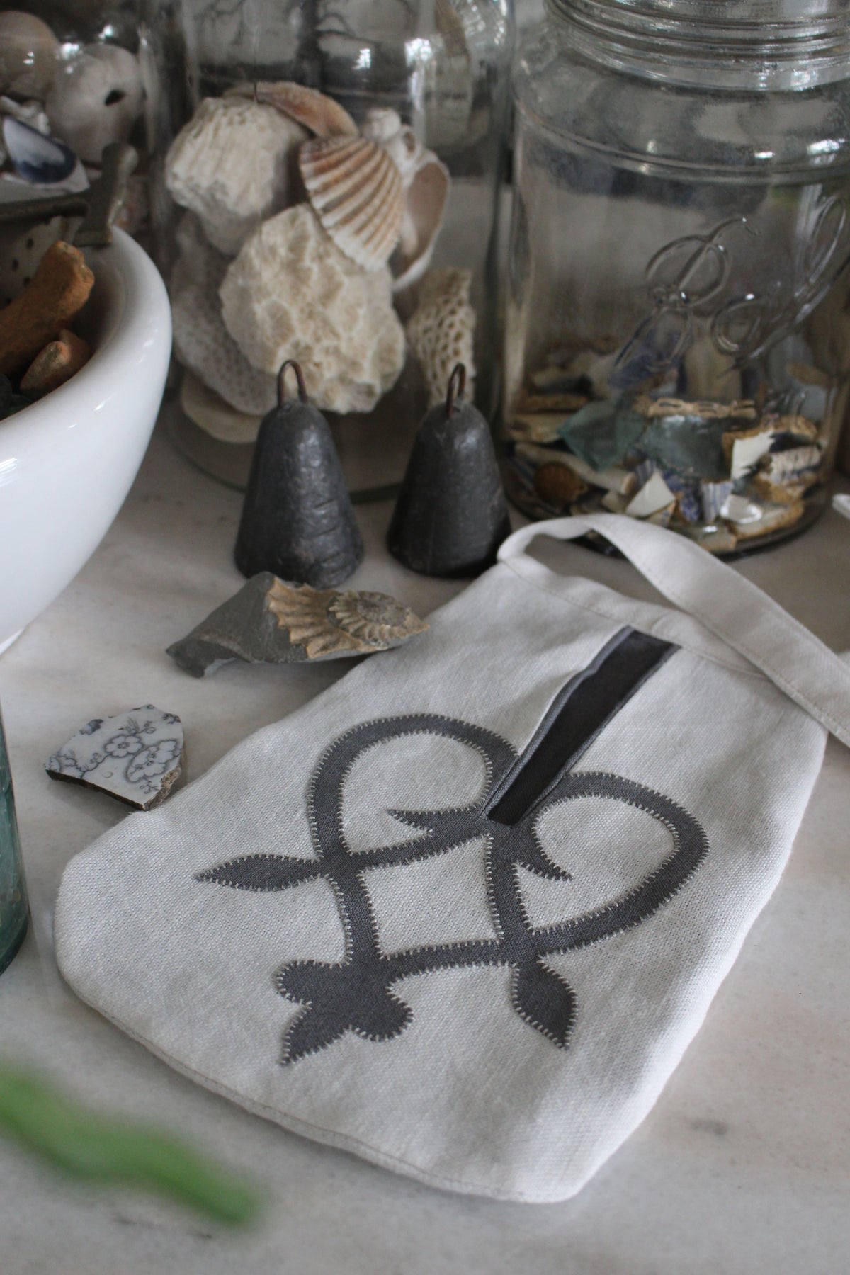 Handmade, Chalk White Linen Tie on Pocket - Grey Celtic Heart Appliqué
