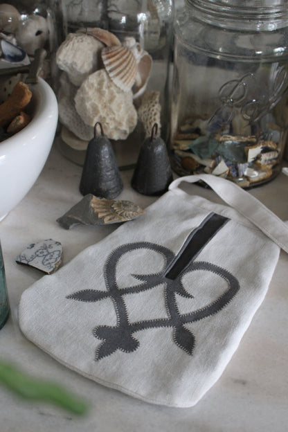 Handmade, Chalk White Linen Tie on Pocket - Grey Celtic Heart Appliqué