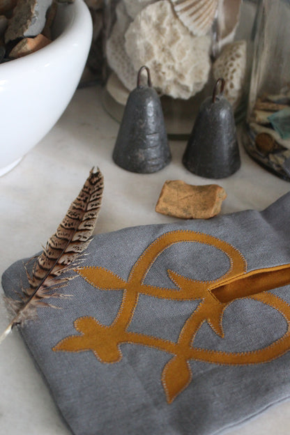 Handmade, Granite Grey Linen Tie on Pocket - Golden Celtic Heart Appliqué