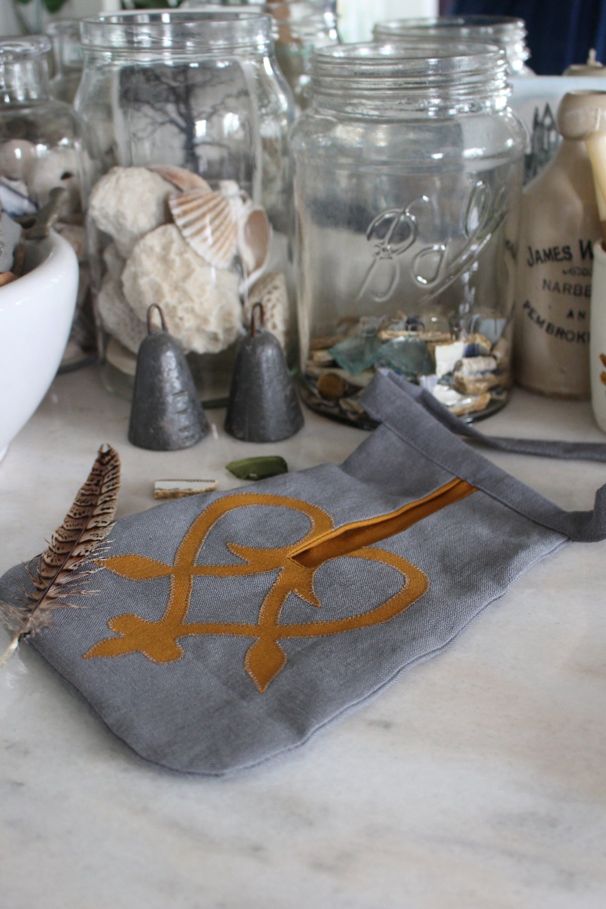 Handmade, Granite Grey Linen Tie on Pocket - Golden Celtic Heart Appliqué
