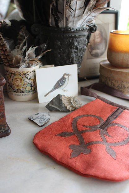 Handmade, Warm Coral Linen Tie on Pocket - Brown Celtic Heart Appliqué