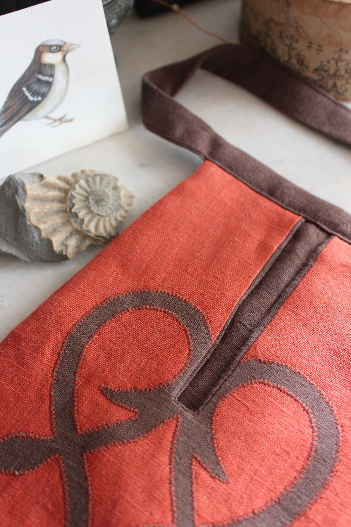 Handmade, Warm Coral Linen Tie on Pocket - Brown Celtic Heart Appliqué