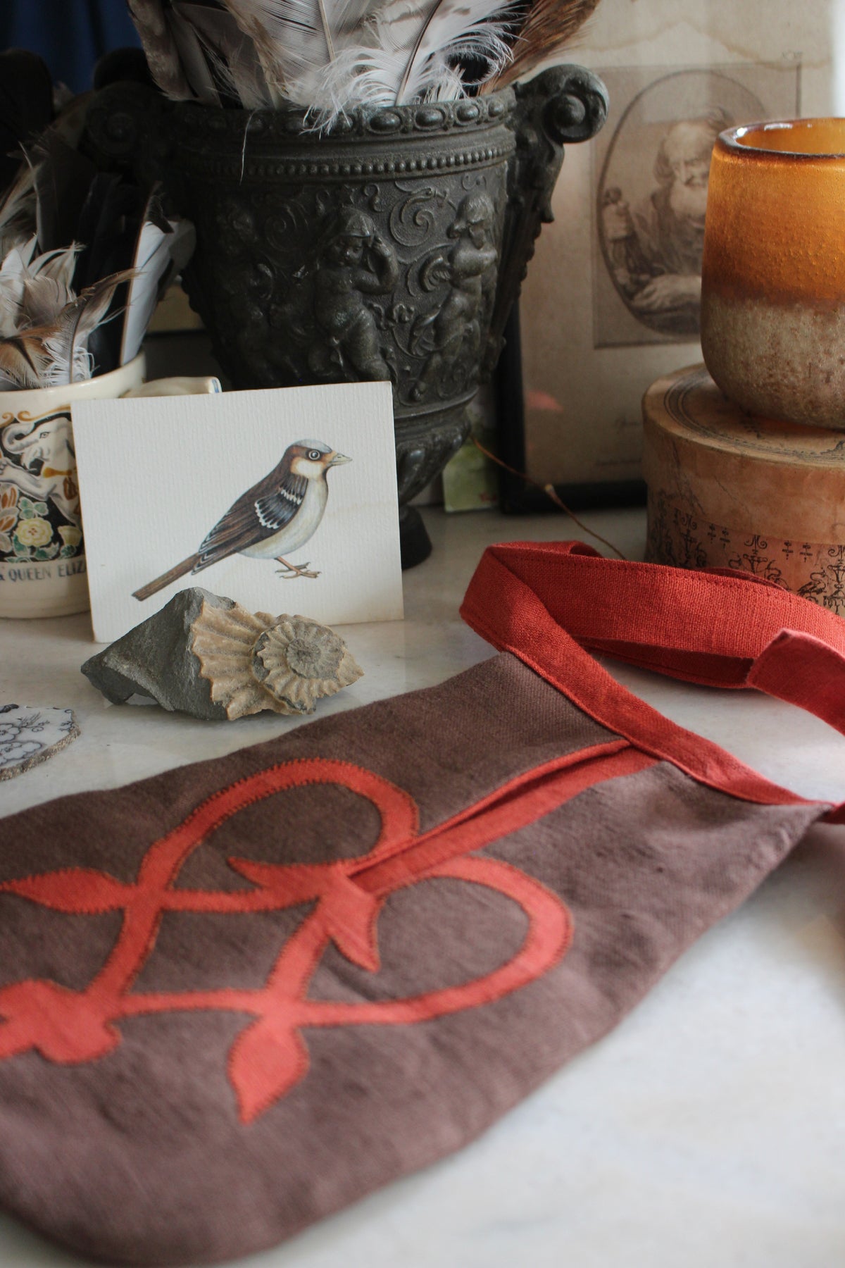 Handmade, Brown Linen Tie on Pocket - Coral Celtic Heart Appliqué