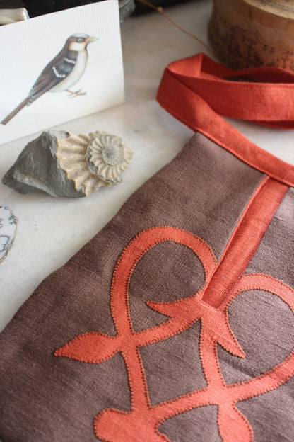 Handmade, Brown Linen Tie on Pocket - Coral Celtic Heart Appliqué