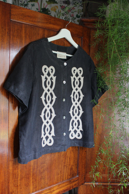 Reworked Black Linen Shacket — Lovers Links Appliqué, UK 16