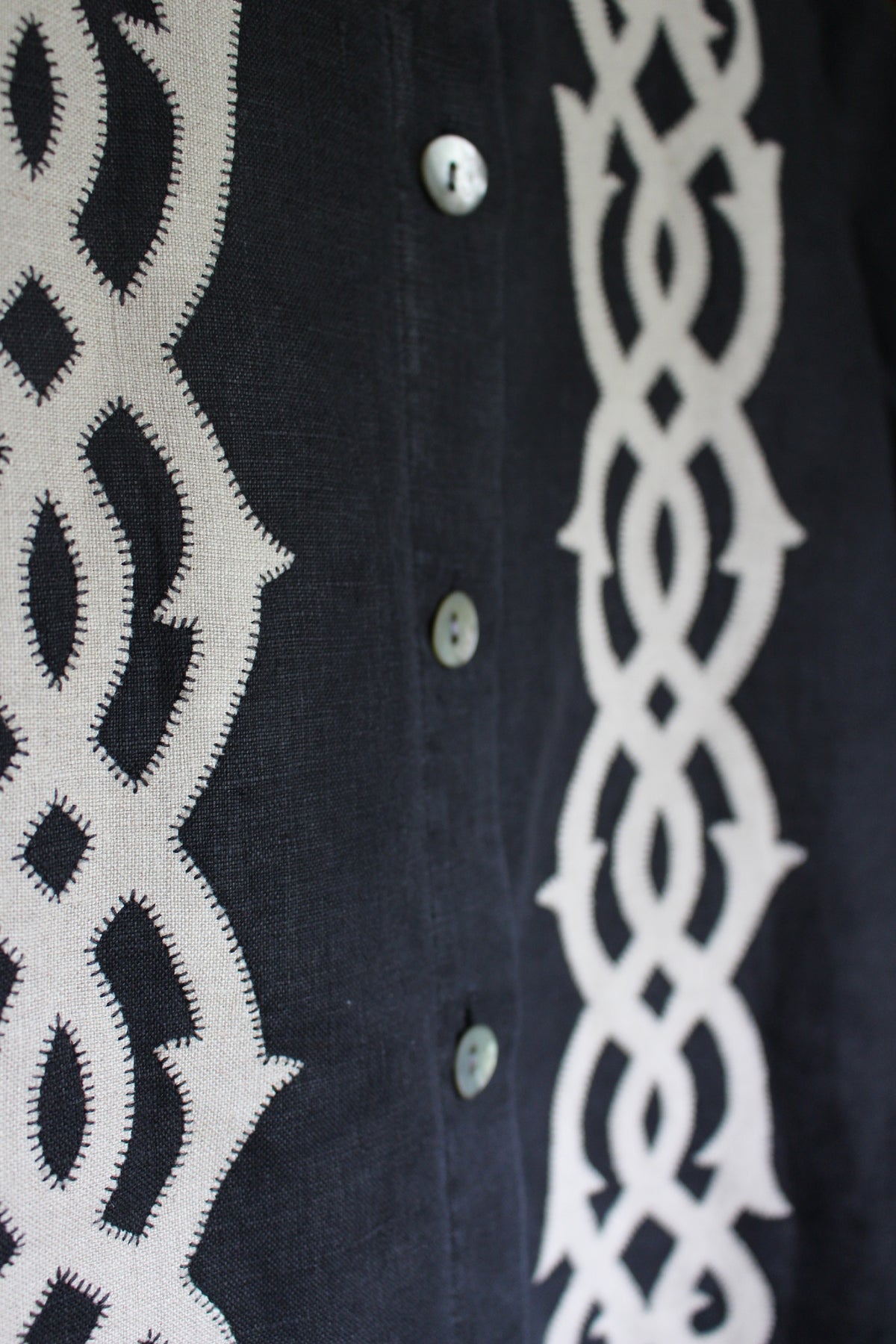 Reworked Black Linen Shacket — Lovers Links Appliqué, UK 16