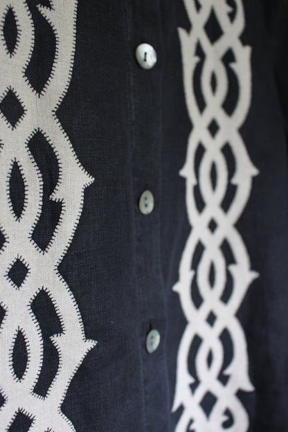 Reworked Black Linen Shacket — Lovers Links Appliqué, UK 16