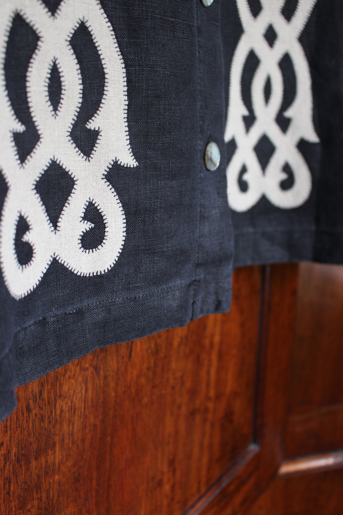 Reworked Black Linen Shacket — Lovers Links Appliqué, UK 16