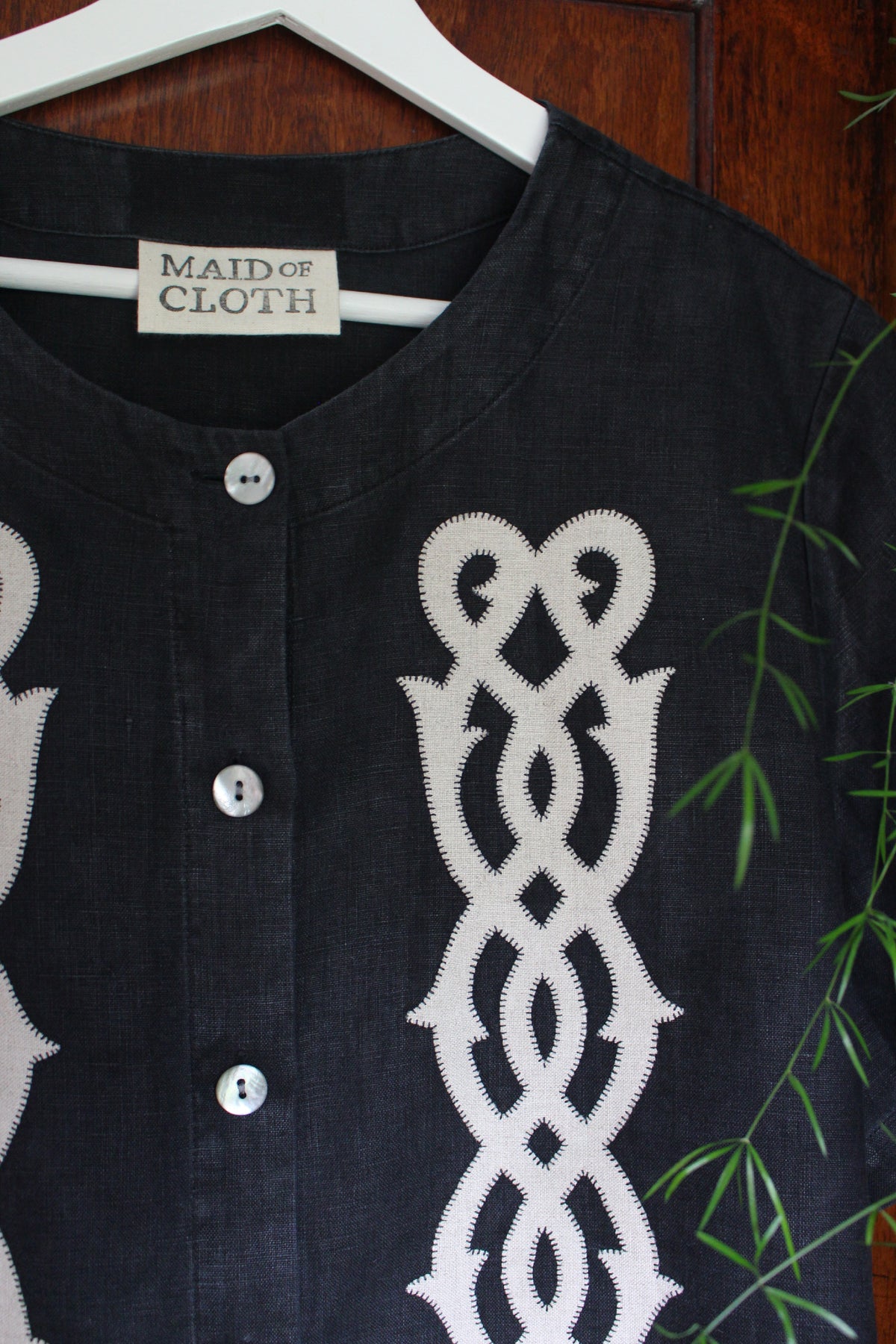 Reworked Black Linen Shacket — Lovers Links Appliqué, UK 16