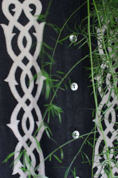 Reworked Black Linen Shacket — Lovers Links Appliqué, UK 16