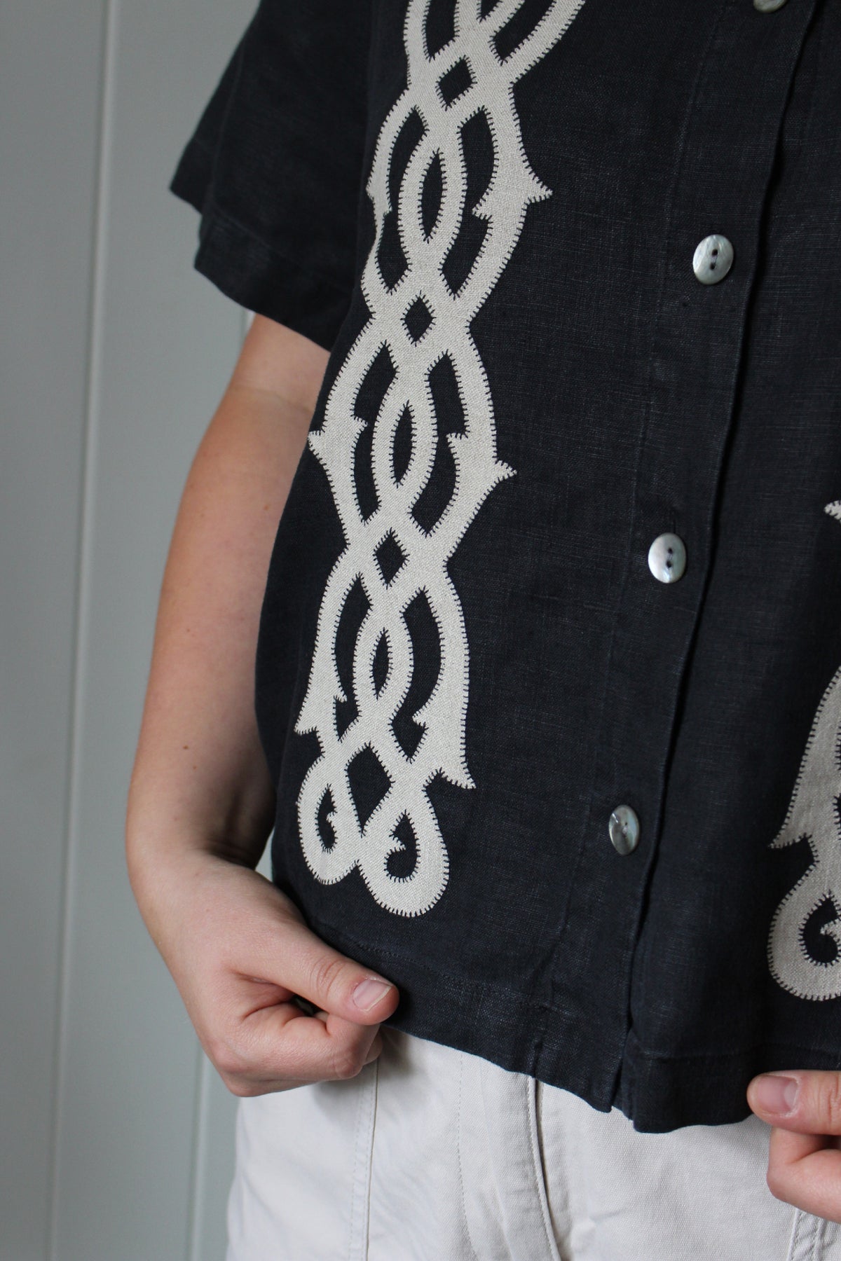 Reworked Black Linen Shacket — Lovers Links Appliqué, UK 16