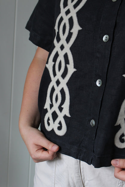 Reworked Black Linen Shacket — Lovers Links Appliqué, UK 16