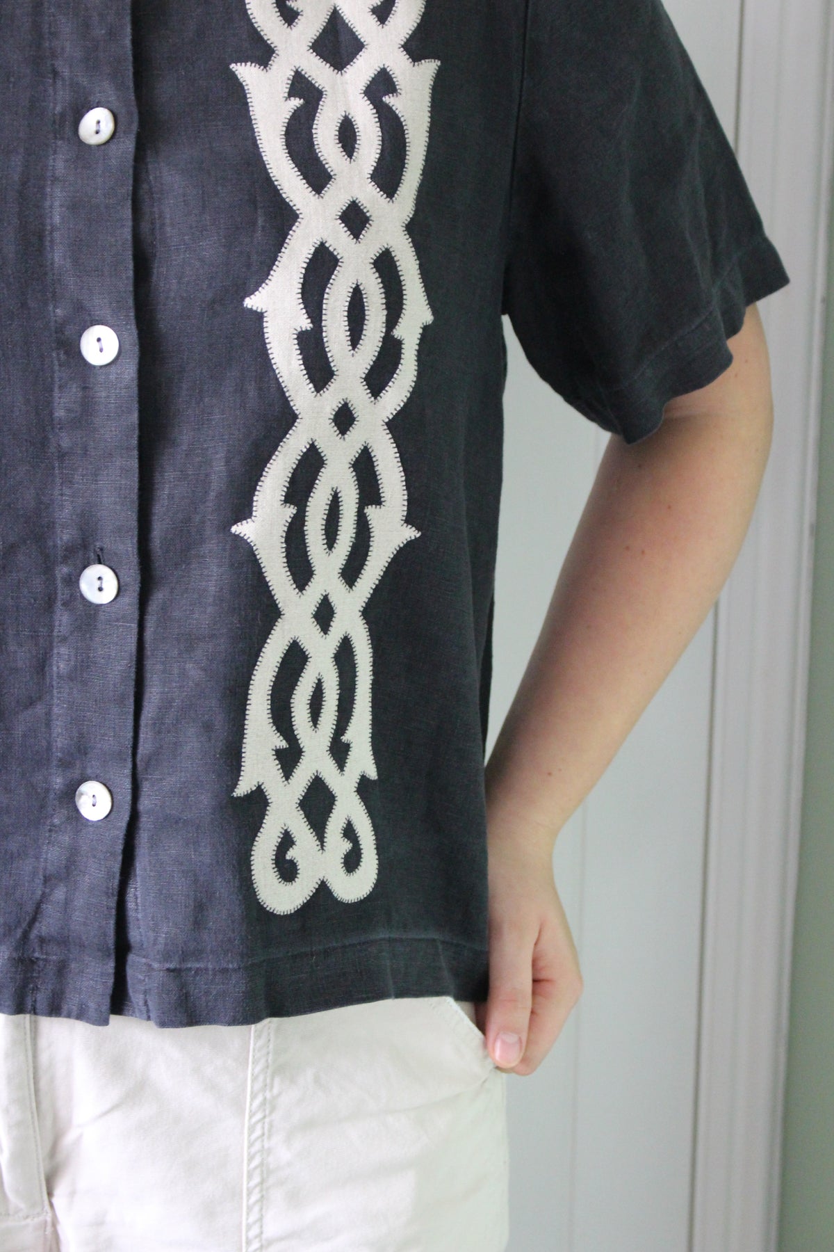Reworked Black Linen Shacket — Lovers Links Appliqué, UK 16