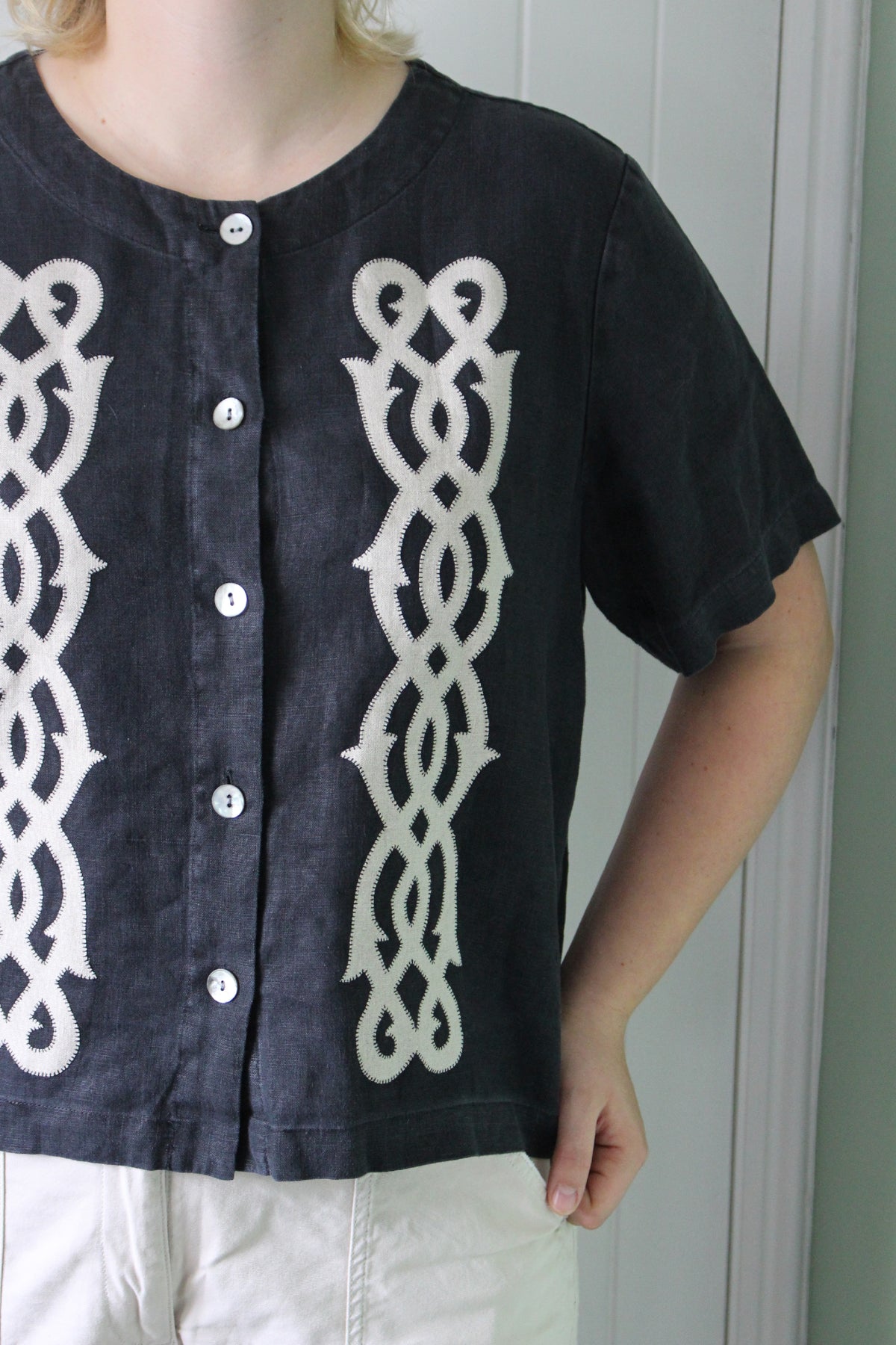Reworked Black Linen Shacket — Lovers Links Appliqué, UK 16
