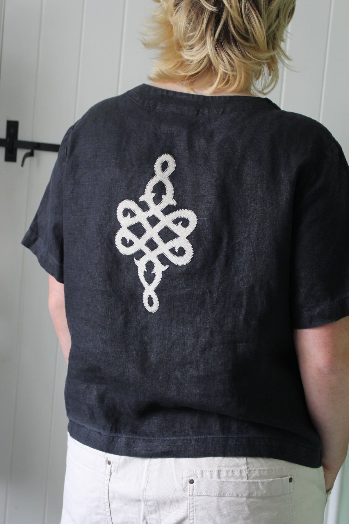 Reworked Black Linen Shacket — Lovers Links Appliqué, UK 16